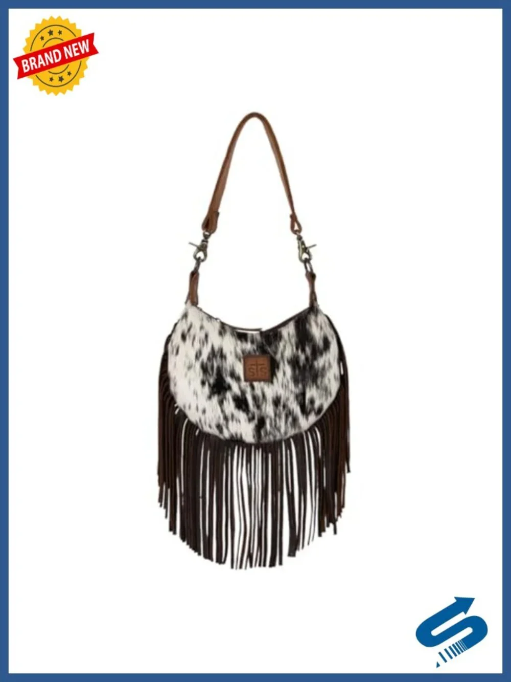 Genuine Full Grain Leather Hair on Hide Fringe Bag with Saddle Clasp